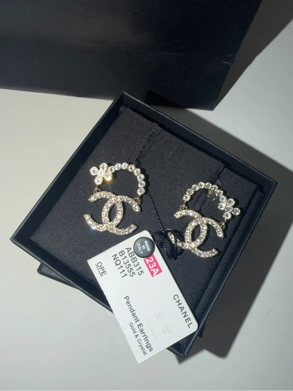 CHANEL Gold Crystal CC Pendant Earrings
